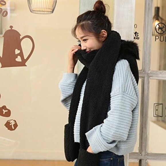 Winter Women Hoodie Hat Scarf Gloves Set Plush Fur Warm Casual Accessory